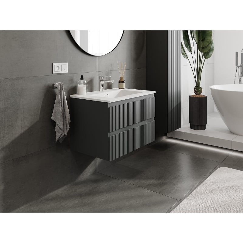 Mexen Rivel meuble de salle de bain 70 cm avec lavabo Otis, 2 tiroirs, rainuré, graphite mat/blanc mat -