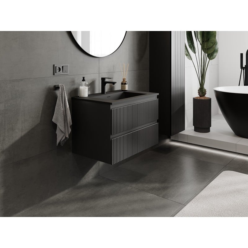 Mexen Rivel meuble de salle de bain 70 cm avec lavabo Otis, 2 tiroirs, cannelé, noir mat - 91A20-07047-2-BFF71-W18M71