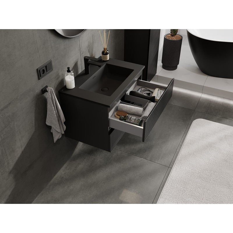 Mexen Rivel meuble de salle de bain 70 cm avec lavabo Otis, 2 tiroirs, cannelé, noir mat - 91A20-07047-2-BFF71-W18M71