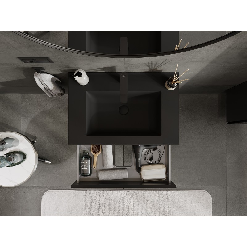 Mexen Rivel meuble de salle de bain 70 cm avec lavabo Otis, 2 tiroirs, cannelé, noir mat - 91A20-07047-2-BFF71-W18M71