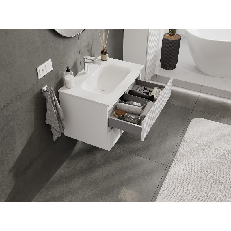 Mexen Rivel armoire de salle de bain 70 cm avec lavabo Vela, 2 tiroirs, rainurée, blanc mat - 91A20-07047-2-BFF01-W23M01