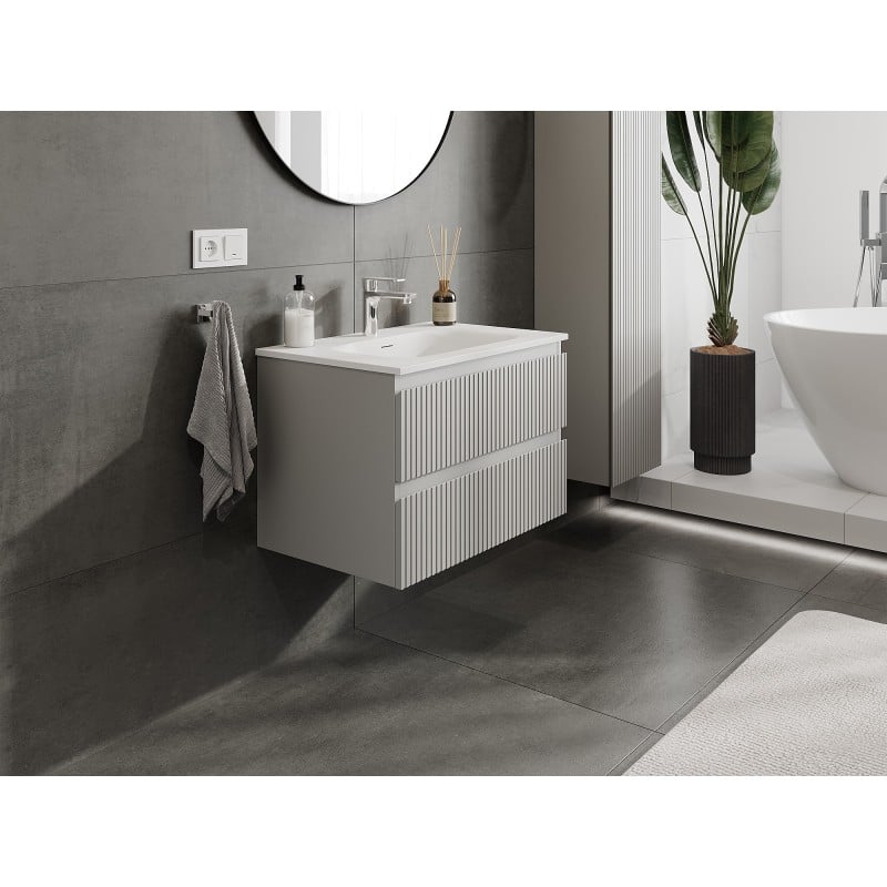 Mexen Rivel meuble de salle de bain 70 cm avec lavabo Vela, 2 tiroirs, rainuré, gris mat/blanc mat - 91A20-07047-2-BFF62-W23M01