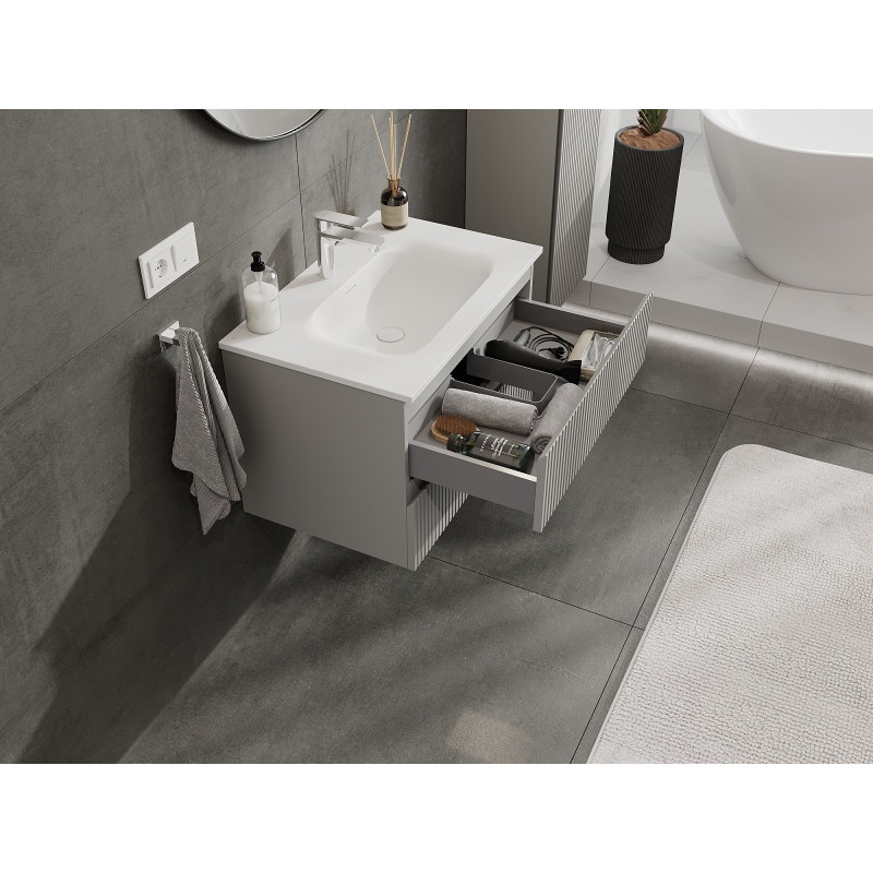 Mexen Rivel armoire de salle de bain 70 cm avec lavabo Vela, 2 tiroirs, rainuré, gris mat/blanc mat