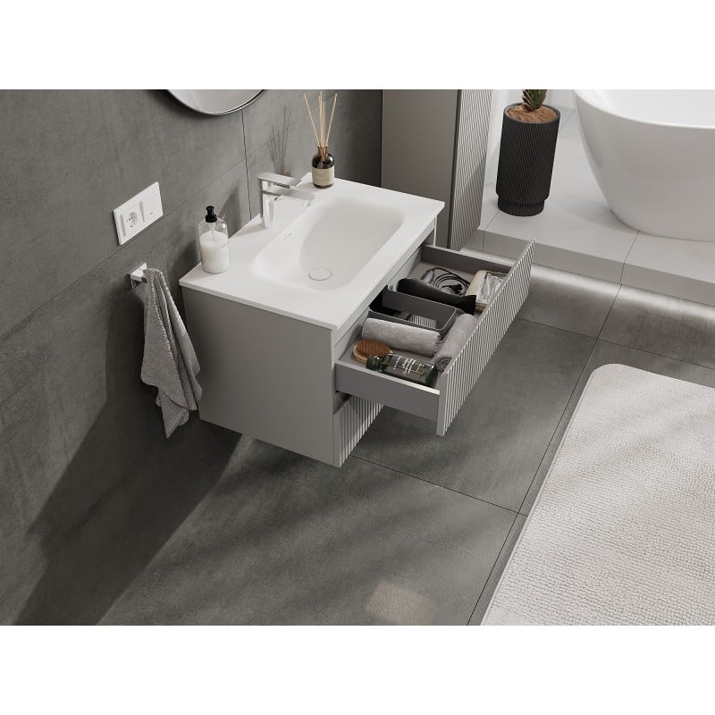 Mexen Rivel meuble de salle de bain 70 cm avec lavabo Vela, 2 tiroirs, rainuré, gris mat/blanc mat - 91A20-07047-2-BFF62-W23M01