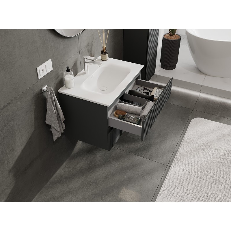 Mexen Rivel armoire de salle de bain 70 cm avec lavabo Vela, 2 tiroirs, rainurée, graphite mat/blanc mat -