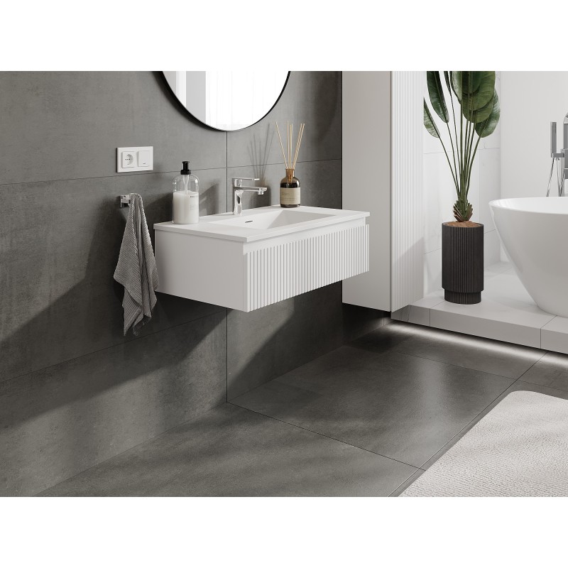 Mexen Rivel armoire de salle de bain 80 cm avec lavabo Otis, 1 tiroir, rainuré, blanc mat - 91A20-08023-1-BF01-W18M01