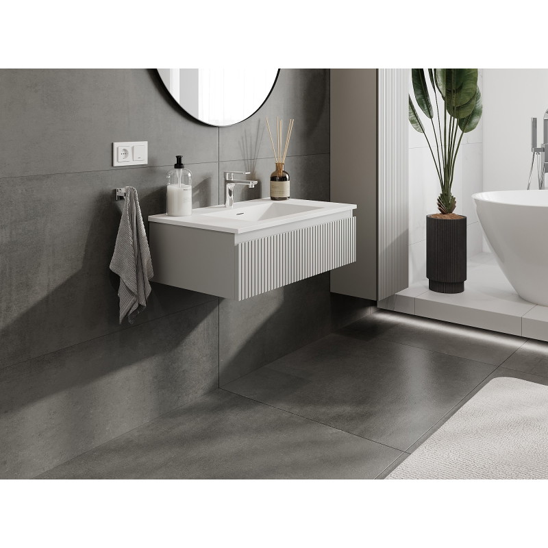 Mexen Rivel armoire de salle de bain 80 cm avec lavabo Otis, 1 tiroir, rainuré, gris mat/blanc mat - 91A20-08023-1-BF62-W18M01