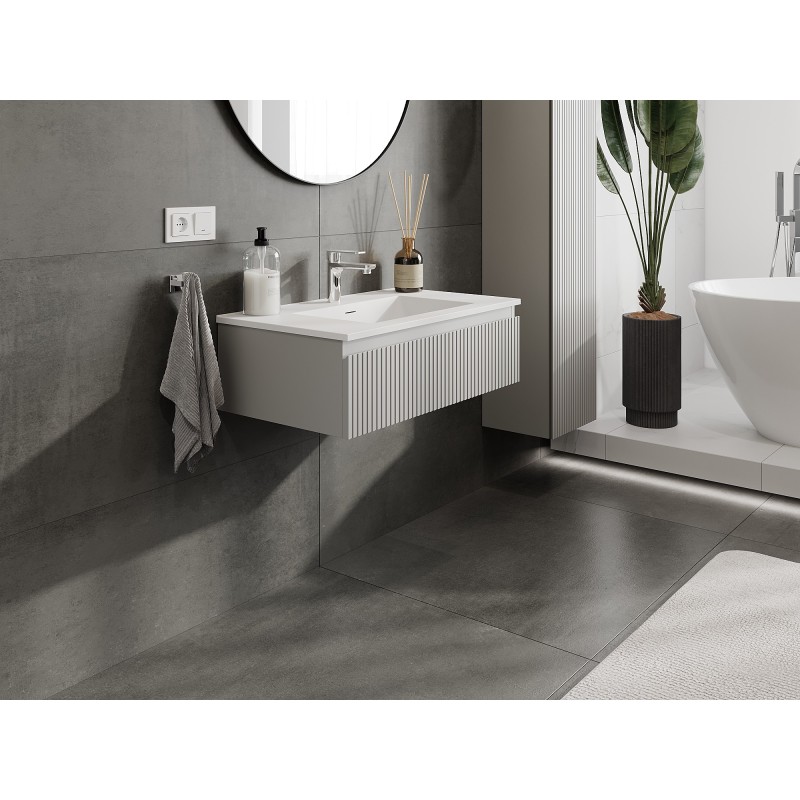 Mexen Rivel meuble de salle de bain 80 cm avec lavabo Otis, 1 tiroir, rainuré, gris mat/blanc mat - 91A20-08023-1-BF62-W18M01