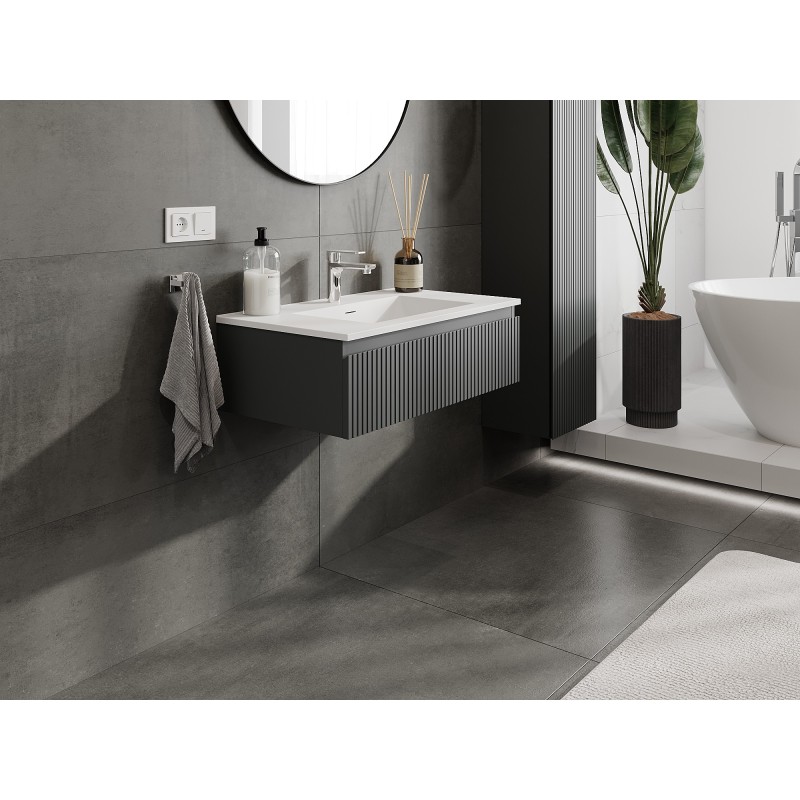 Mexen Rivel armoire de salle de bain 80 cm avec lavabo Otis, 1 tiroir, cannelée, graphite mat/blanc mat