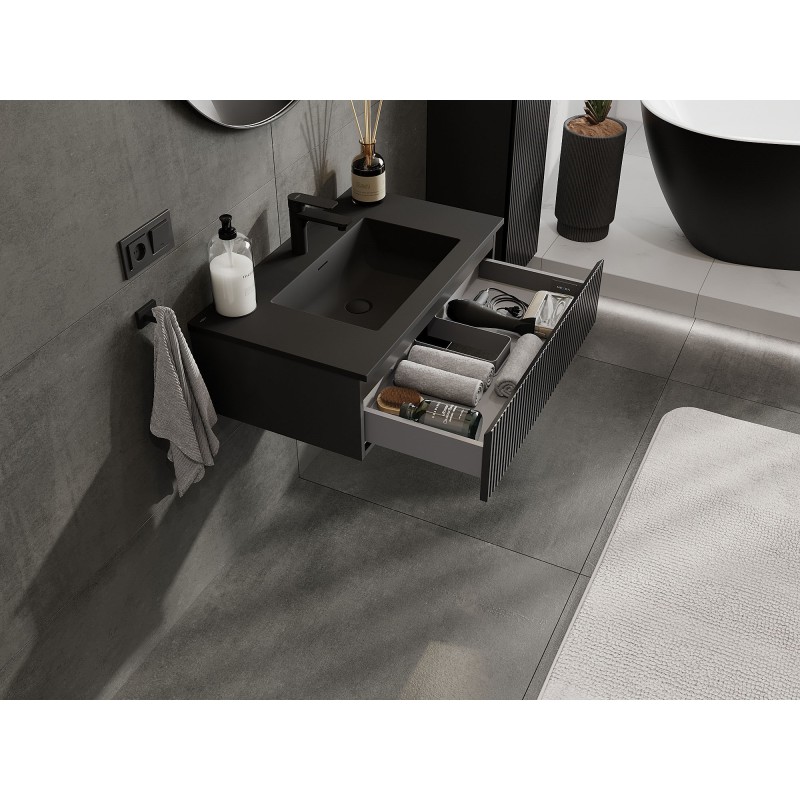 Mexen Rivel meuble de salle de bain 80 cm avec lavabo Otis, 1 tiroir, rainuré, noir mat - 91A20-08023-1-BF71-W18M71