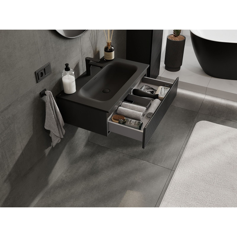 Mexen Rivel armoire de salle de bain 80 cm avec lavabo Vela, 1 tiroir, rainuré, noir mat - 91A20-08023-1-BF71-W23M71