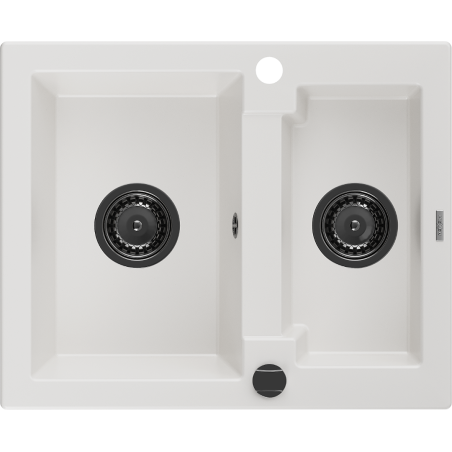 Mexen Carlos évier en granit 1,5 bac 582 x 475 mm, blanc, siphon noir - 6518581500-20-B