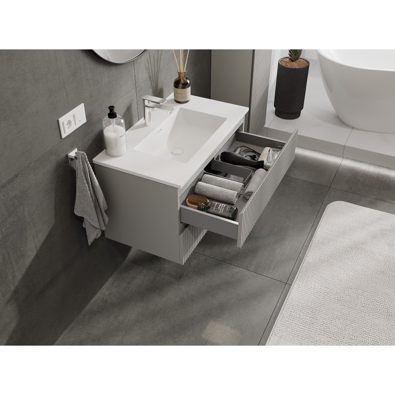 Mexen Rivel meuble de salle de bain 80 cm avec lavabo Otis, 2 tiroirs, rainuré, gris mat/blanc mat - 91A20-08047-2-BFF62-W18M01