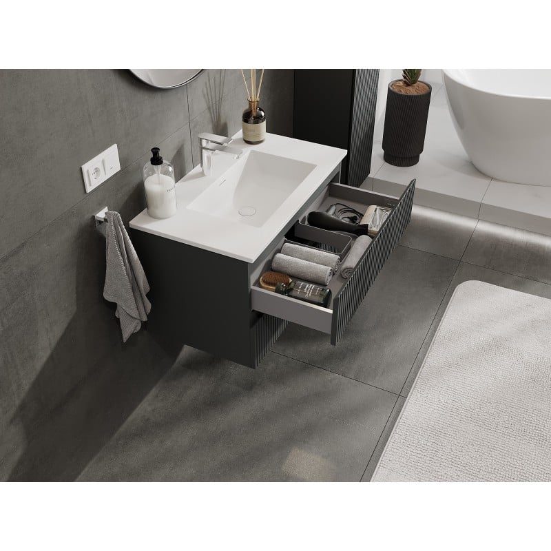 Mexen Rivel armoire de salle de bain 80 cm avec lavabo Otis, 2 tiroirs, rainurée, graphite mat/blanc mat -