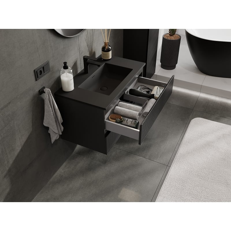 Mexen Rivel meuble de salle de bain 80 cm avec lavabo Otis, 2 tiroirs, rainuré, noir mat - 91A20-08047-2-BFF71-W18M71