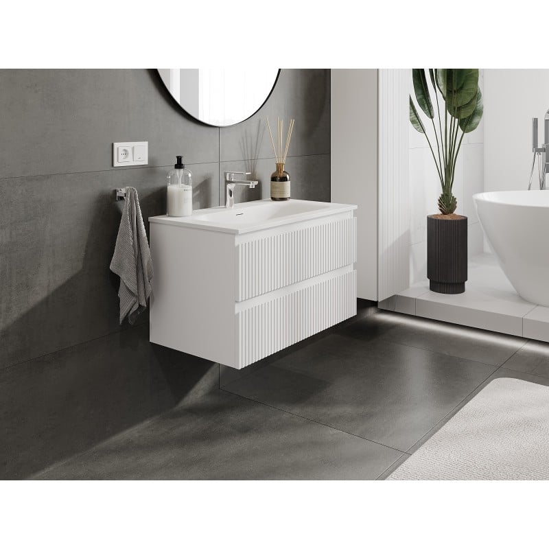 Mexen Rivel meuble de salle de bains 80 cm avec lavabo Vela, 2 tiroirs, rainuré, blanc mat - 91A20-08047-2-BFF01-W23M01