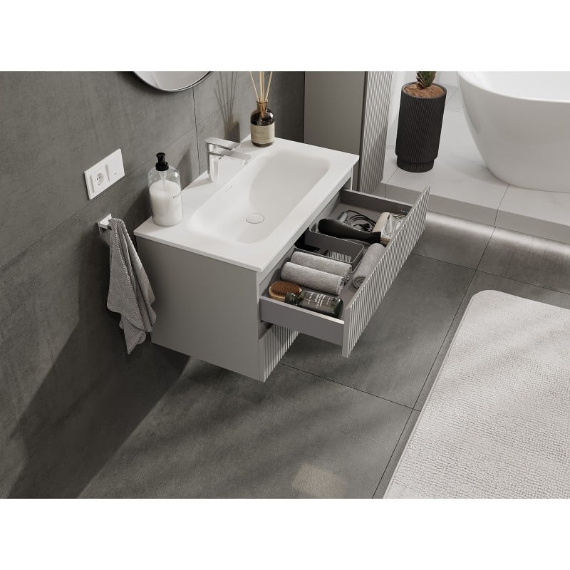 Mexen Rivel meuble de salle de bain 80 cm avec lavabo Vela, 2 tiroirs, rainuré, gris mat/blanc mat - 91A20-08047-2-BFF62-W23M01