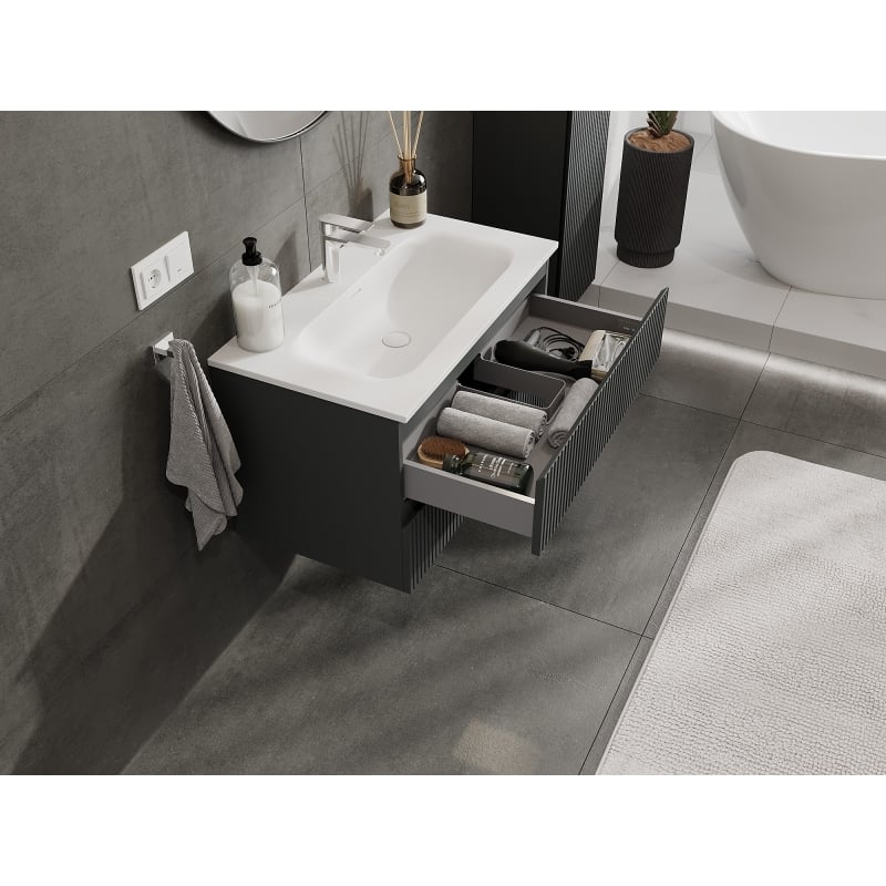 Mexen Rivel armoire de salle de bains 80 cm avec lavabo Vela, 2 tiroirs, rainurée, graphite mat/blanc mat -
