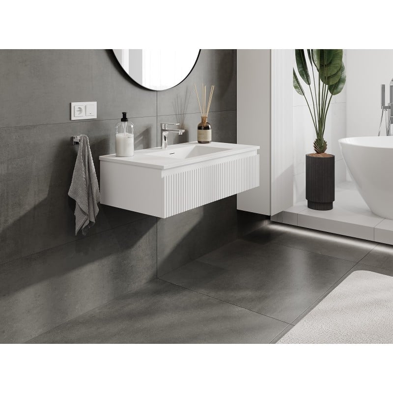 Mexen Rivel meuble de salle de bain 90 cm avec lavabo Otis, 1 tiroir, rainuré, blanc mat - 91A20-09023-1-BF01-W18M01