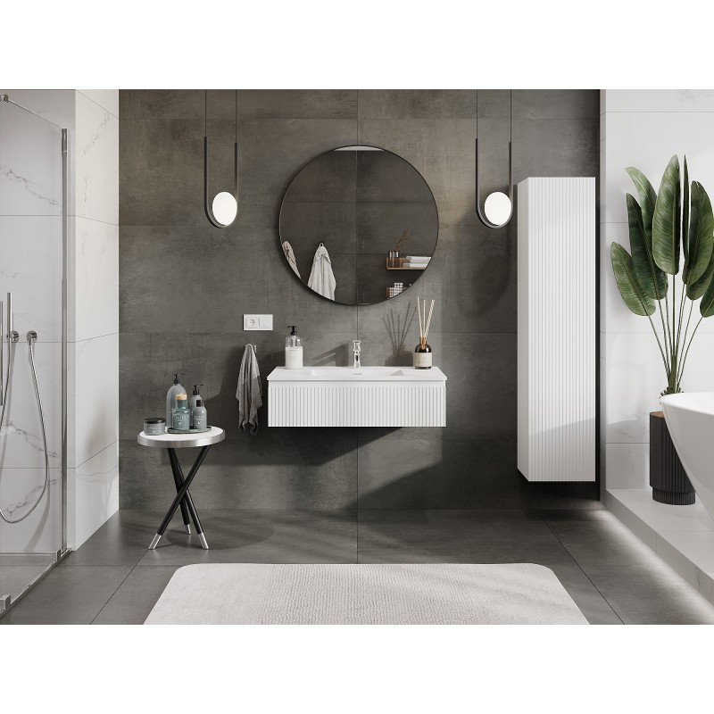 Mexen Rivel meuble de salle de bain 90 cm avec lavabo Otis, 1 tiroir, rainuré, blanc mat - 91A20-09023-1-BF01-W18M01