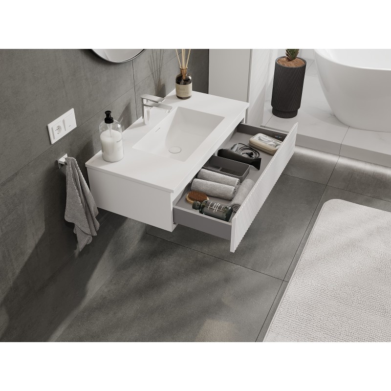 Mexen Rivel meuble de salle de bain 90 cm avec lavabo Otis, 1 tiroir, rainuré, blanc mat - 91A20-09023-1-BF01-W18M01