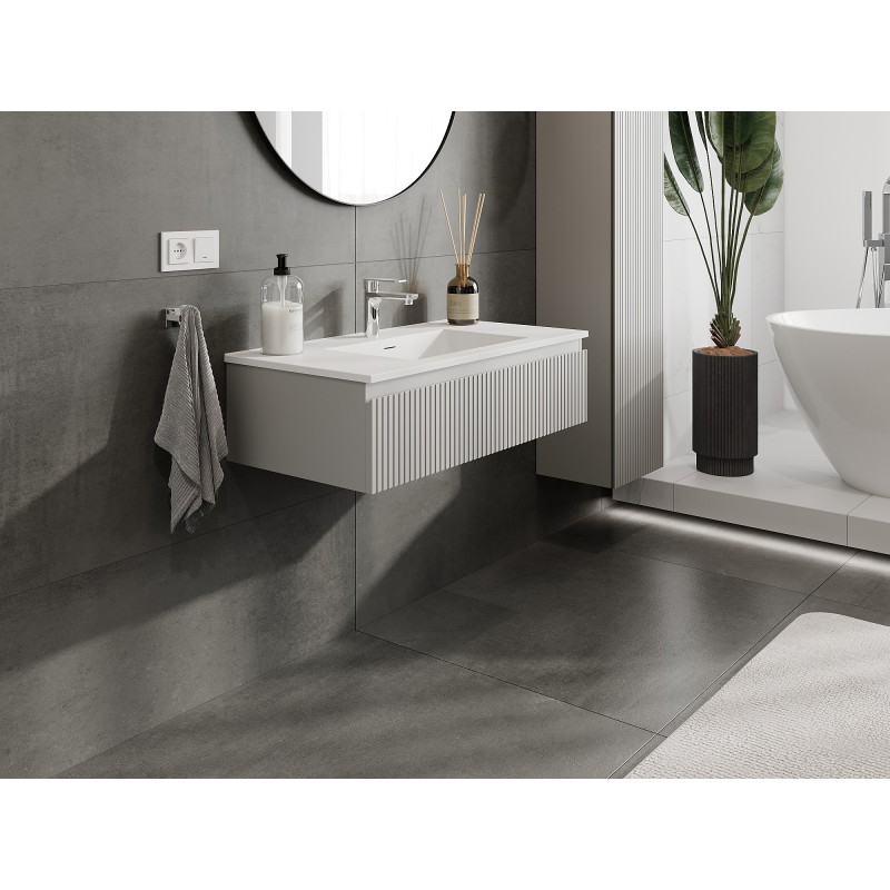 Mexen Rivel armoire de salle de bain 90 cm avec lavabo Otis, 1 tiroir, rainurée, gris mat/blanc mat - 91A20-09023-1-BF62-W18M01