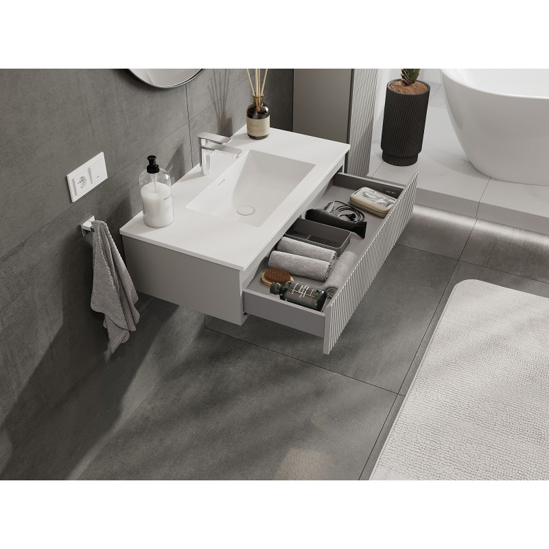 Mexen Rivel armoire de salle de bain 90 cm avec lavabo Otis, 1 tiroir, rainurée, gris mat/blanc mat - 91A20-09023-1-BF62-W18M01