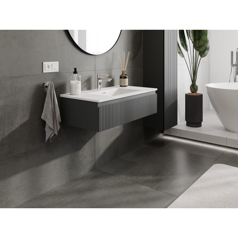 Mexen Rivel armoire de salle de bain 90 cm avec lavabo Otis, 1 tiroir, rainurée, graphite mat/blanc mat