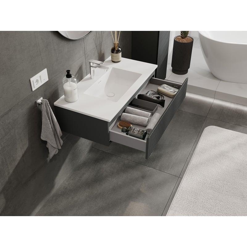 Mexen Rivel armoire de salle de bain 90 cm avec lavabo Otis, 1 tiroir, rainurée, graphite mat/blanc mat