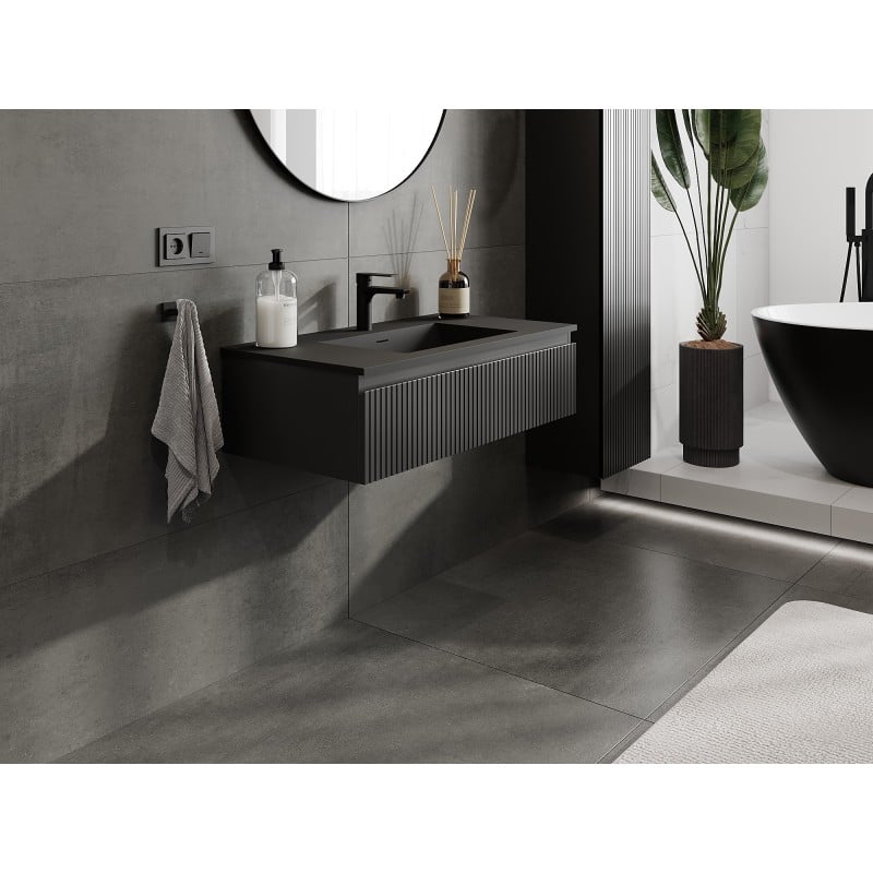 Mexen Rivel meuble de salle de bain 90 cm avec lavabo Otis, 1 tiroir, rainuré, noir mat - 91A20-09023-1-BF71-W18M71