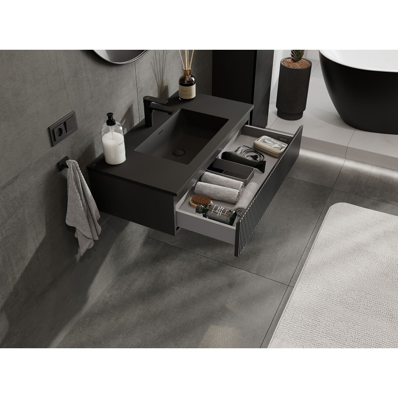 Mexen Rivel armoire de salle de bain 90 cm avec lavabo Otis, 1 tiroir, rainuré, noir mat - 91A20-09023-1-BF71-W18M71