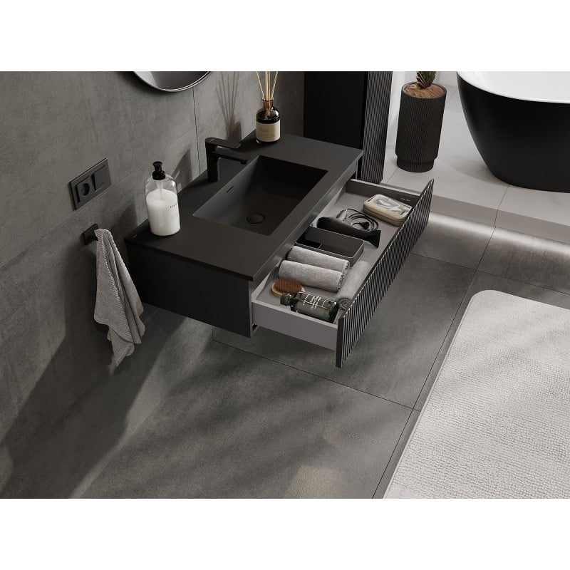 Mexen Rivel meuble de salle de bain 90 cm avec lavabo Otis, 1 tiroir, rainuré, noir mat - 91A20-09023-1-BF71-W18M71