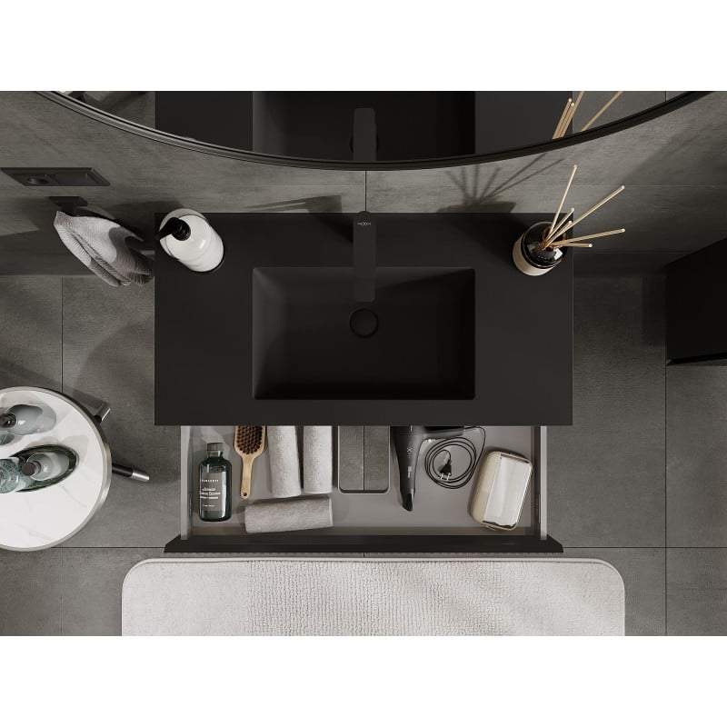 Mexen Rivel meuble de salle de bain 90 cm avec lavabo Otis, 1 tiroir, rainuré, noir mat - 91A20-09023-1-BF71-W18M71