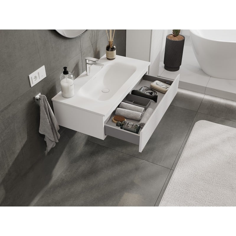 Mexen Rivel meuble de salle de bains 90 cm avec lavabo Vela, 1 tiroir, rainuré, blanc mat - 91A20-09023-1-BF01-W23M01