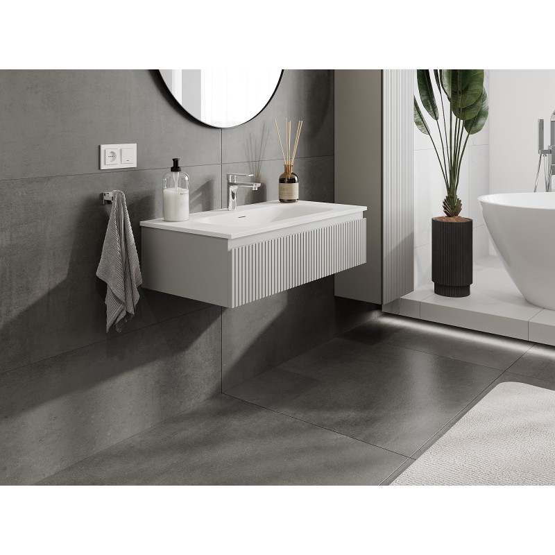 Mexen Rivel meuble de salle de bain 90 cm avec lavabo Vela, 1 tiroir, rainuré, gris mat/blanc mat - 91A20-09023-1-BF62-W23M01