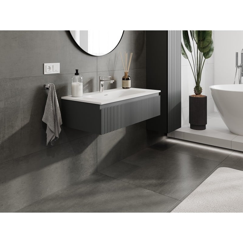 Mexen Rivel meuble de salle de bains 90 cm avec lavabo Vela, 1 tiroir, rainuré, graphite mat/blanc mat