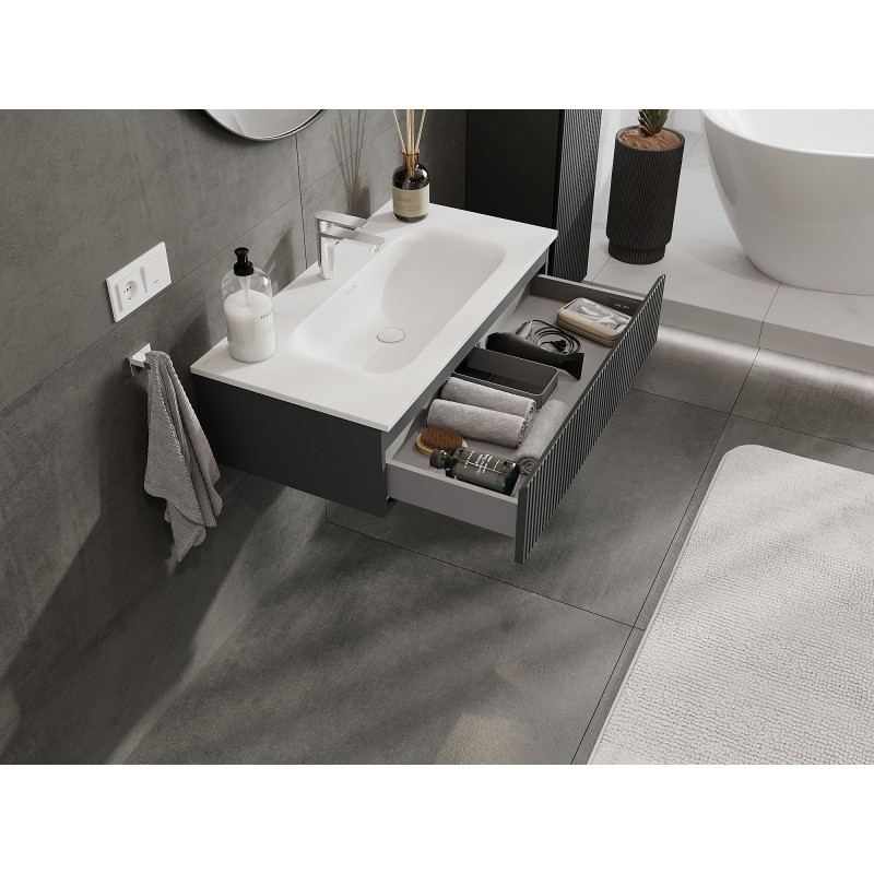 Mexen Rivel meuble de salle de bains 90 cm avec lavabo Vela, 1 tiroir, rainuré, graphite mat/blanc mat
