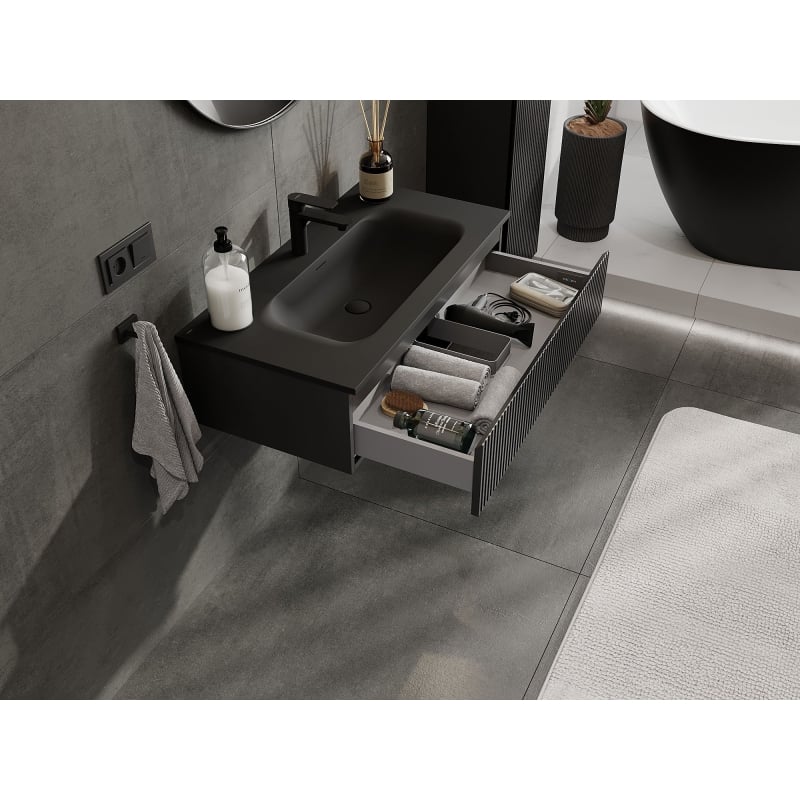 Mexen Rivel meuble de salle de bains 90 cm avec lavabo Vela, 1 tiroir, rainuré, noir mat - 91A20-09023-1-BF71-W23M71