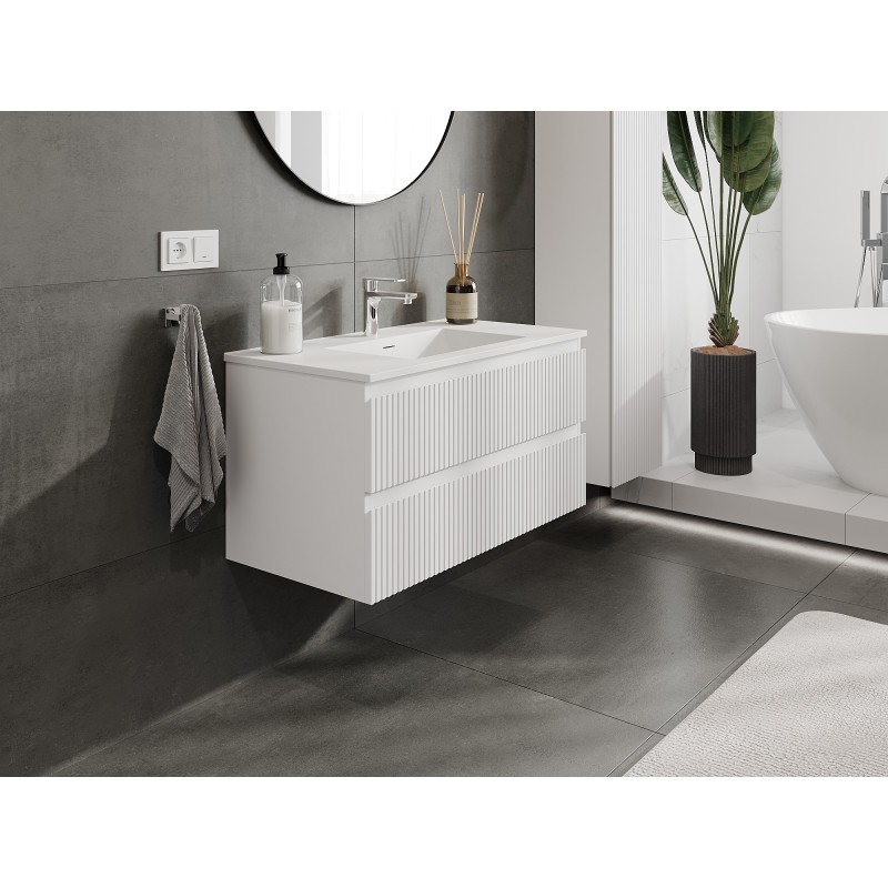 Mexen Rivel meuble de salle de bain 90 cm avec lavabo Otis, 2 tiroirs, rainuré, blanc mat - 91A20-09047-2-BFF01-W18M01