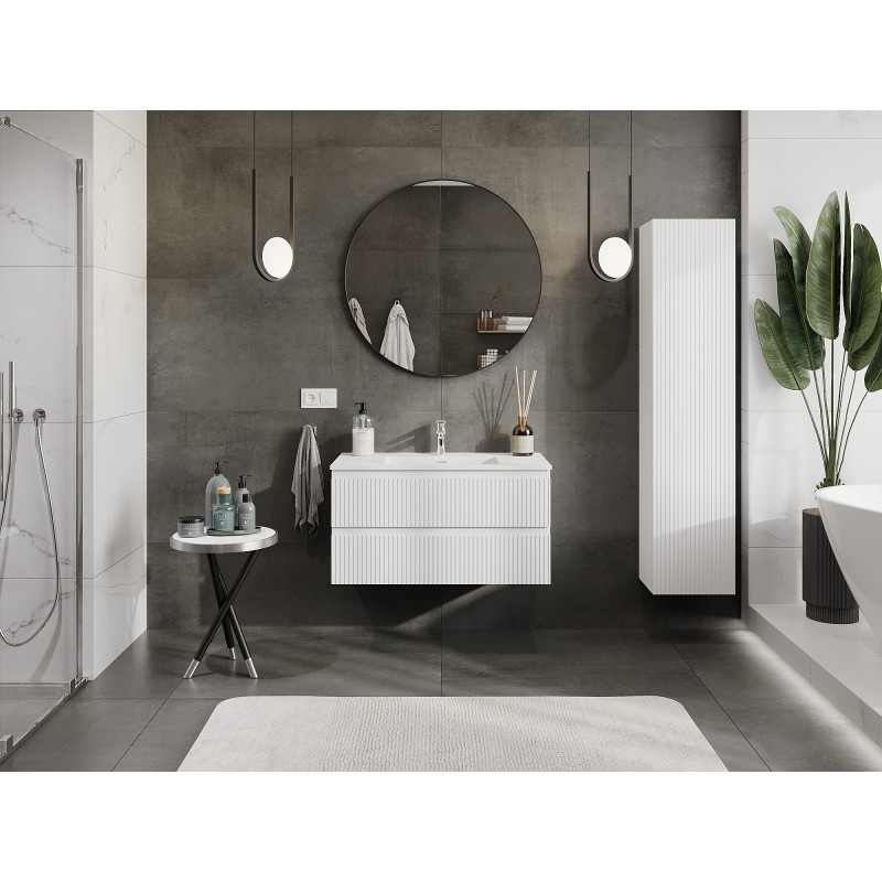 Mexen Rivel meuble de salle de bain 90 cm avec lavabo Otis, 2 tiroirs, rainuré, blanc mat - 91A20-09047-2-BFF01-W18M01