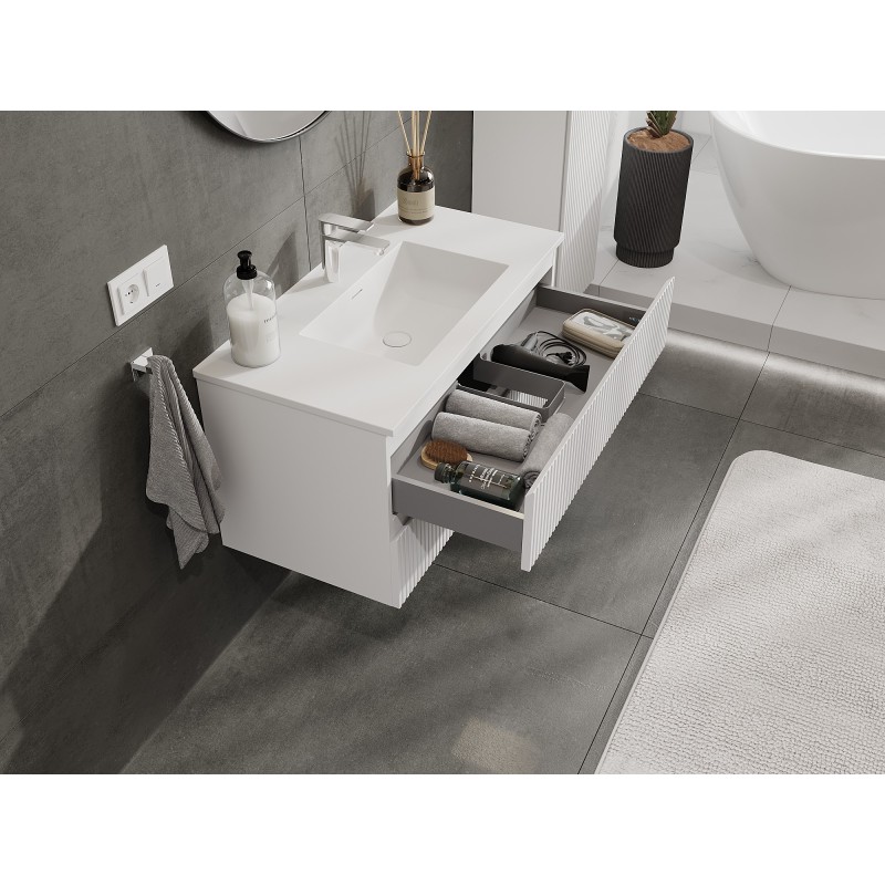 Mexen Rivel meuble de salle de bain 90 cm avec lavabo Otis, 2 tiroirs, rainuré, blanc mat - 91A20-09047-2-BFF01-W18M01