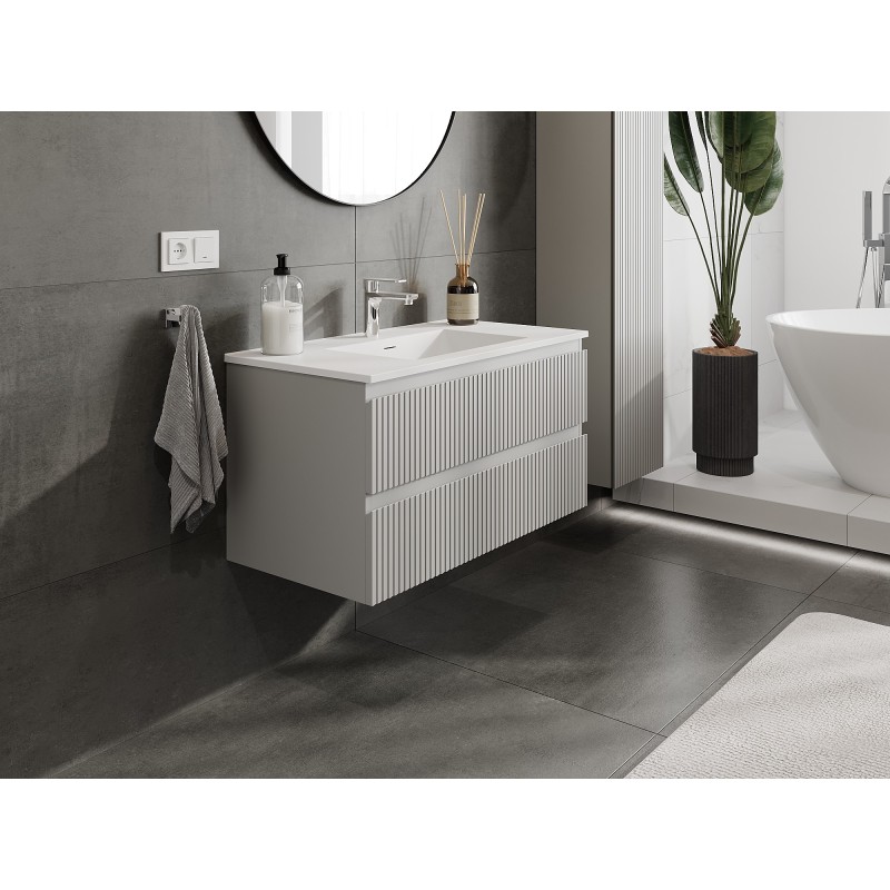 Mexen Rivel meuble de salle de bain 90 cm avec lavabo Otis, 2 tiroirs, rainuré, gris mat/blanc mat - 91A20-09047-2-BFF62-W18M01