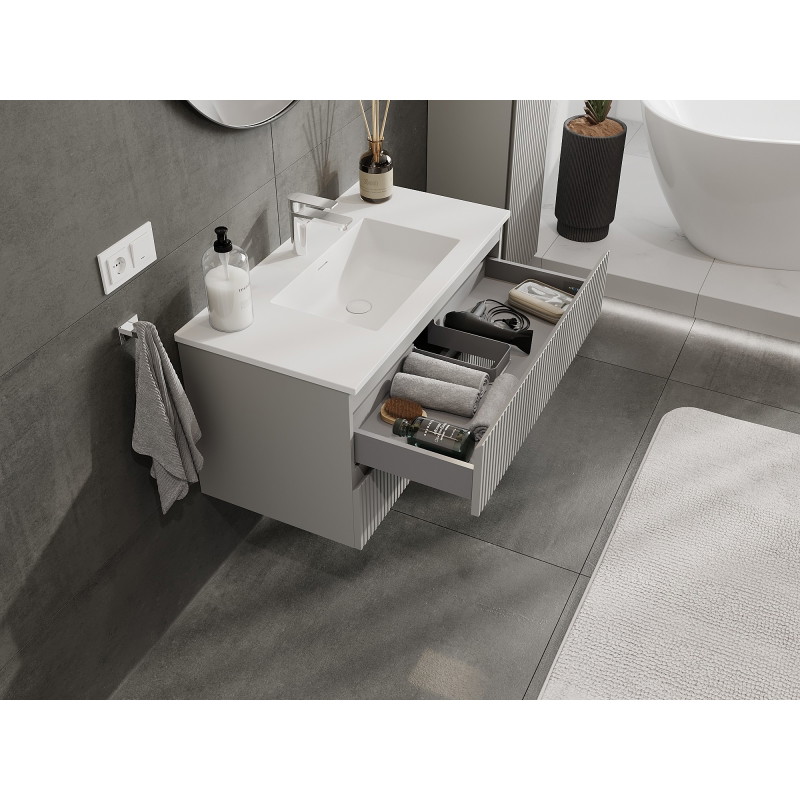 Mexen Rivel armoire de salle de bains 90 cm avec lavabo Otis, 2 tiroirs, rainurée, gris mat/blanc mat