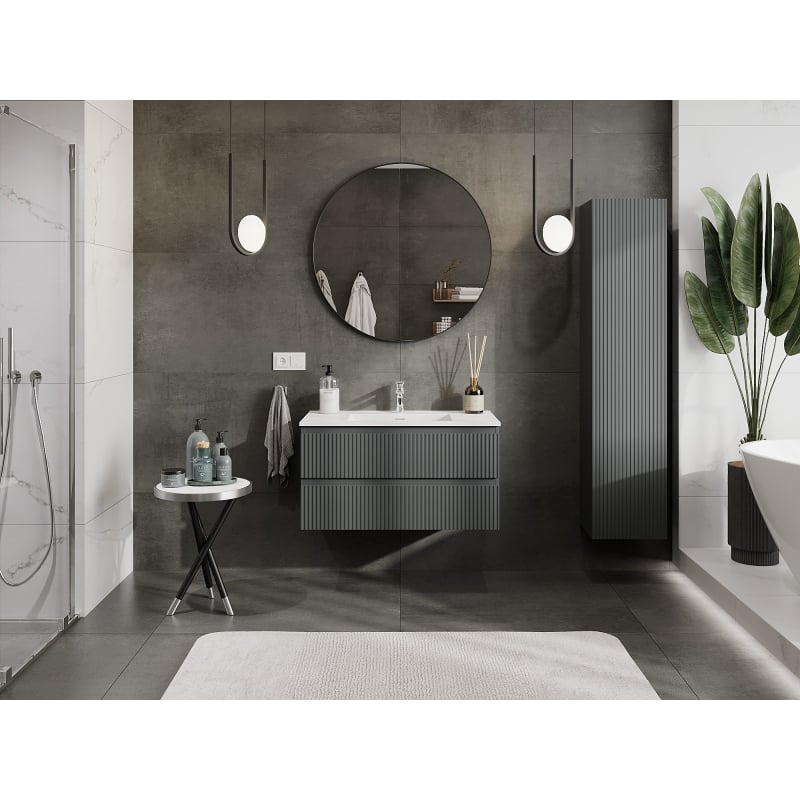 Mexen Rivel meuble de salle de bain 90 cm avec lavabo Otis, 2 tiroirs, rainuré, graphite mat/blanc mat -
