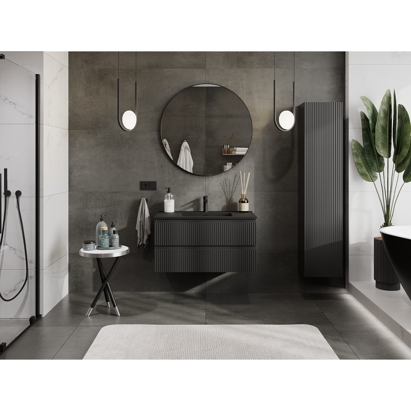 Mexen Rivel meuble de salle de bain 90 cm avec lavabo Otis, 2 tiroirs, rainuré, noir mat - 91A20-09047-2-BFF71-W18M71