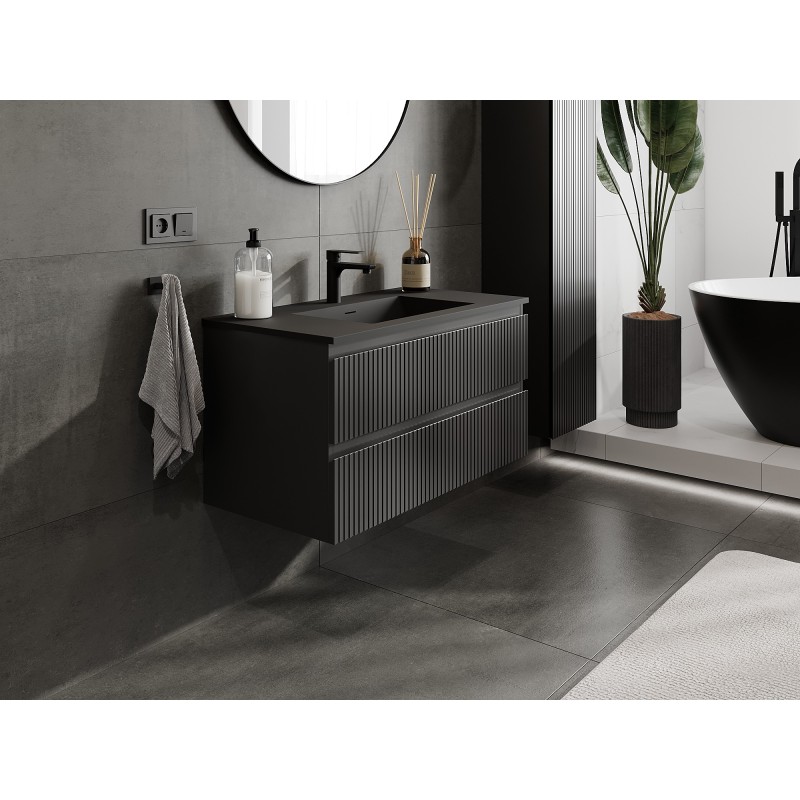 Mexen Rivel meuble de salle de bain 90 cm avec lavabo Otis, 2 tiroirs, rainuré, noir mat - 91A20-09047-2-BFF71-W18M71