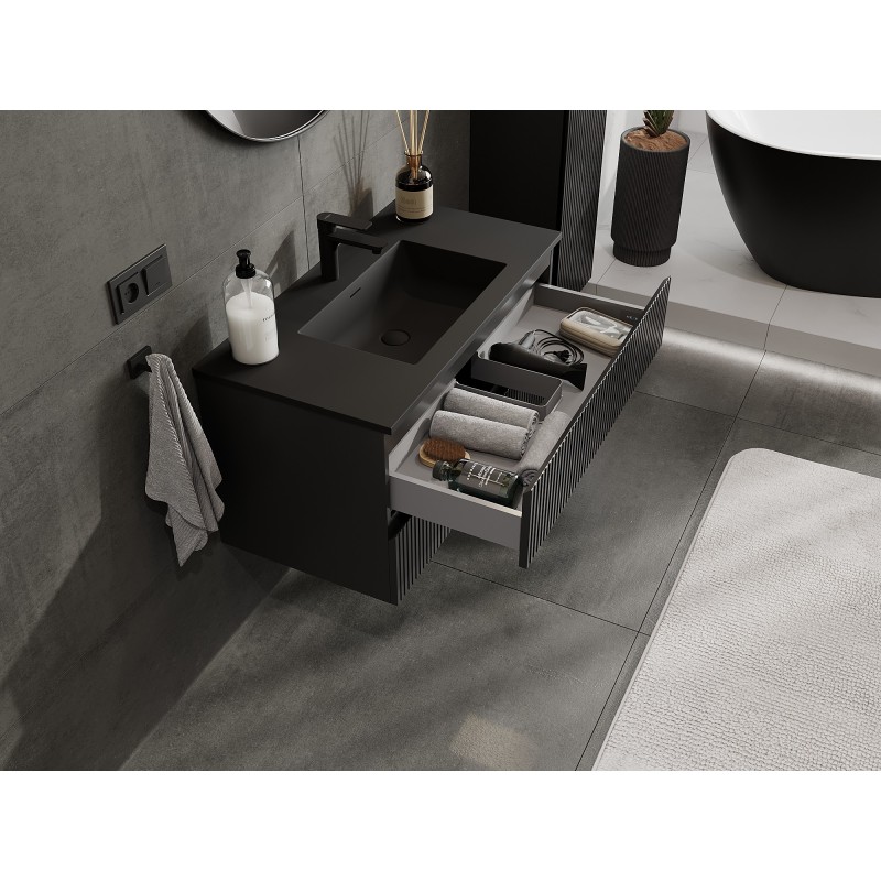Mexen Rivel meuble de salle de bain 90 cm avec lavabo Otis, 2 tiroirs, rainuré, noir mat - 91A20-09047-2-BFF71-W18M71