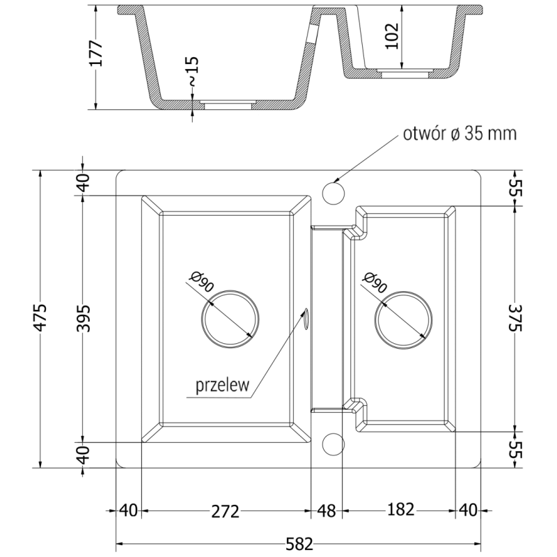 Mexen Carlos évier en granit 1,5 bac 582 x 475 mm, gris, siphon noir - 6518581500-71-B