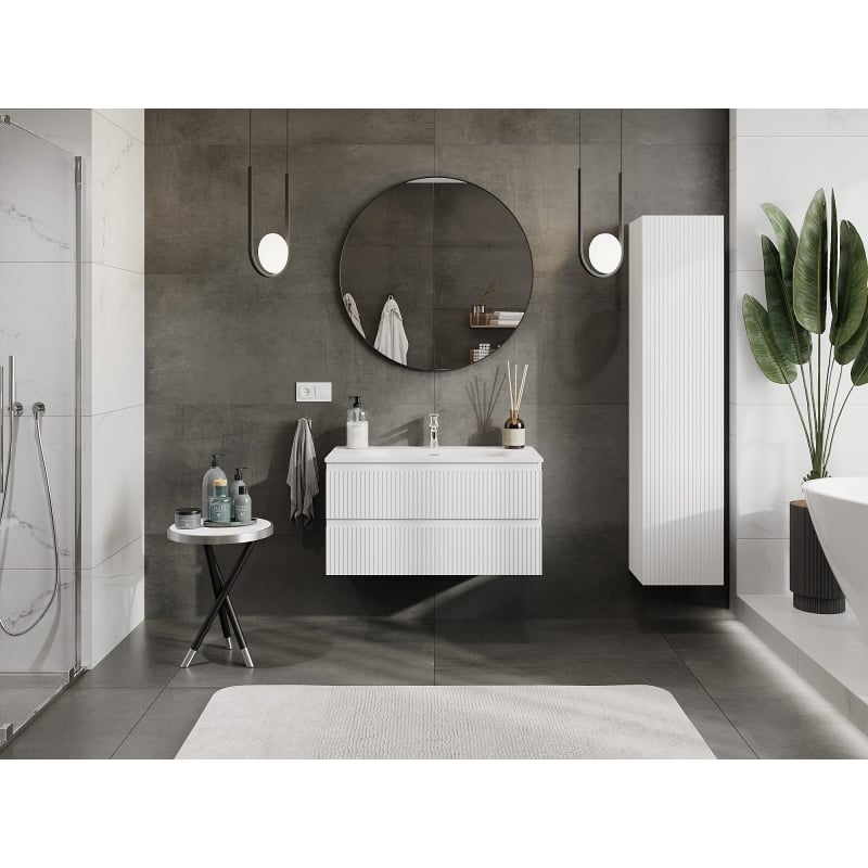 Mexen Rivel armoire de salle de bain 90 cm avec lavabo Vela, 2 tiroirs, rainurée, blanc mat - 91A20-09047-2-BFF01-W23M01