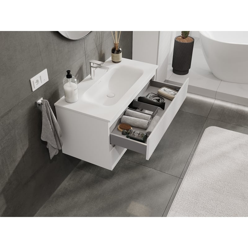 Mexen Rivel armoire de salle de bain 90 cm avec lavabo Vela, 2 tiroirs, rainurée, blanc mat - 91A20-09047-2-BFF01-W23M01